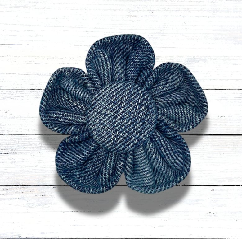 Mid Blue Denim Brooch with Fabric Button Centre, Handmade, Christmas Gift