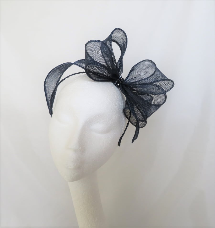 Dark Navy Blue Sinamay Oversize Bow Halo Style Headband and Crystal Fascinator