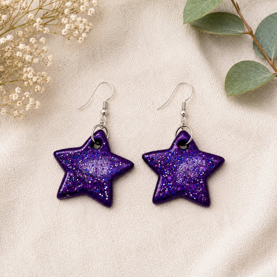Purple Star Polymer Clay Earrings Sterling Silver Hooks