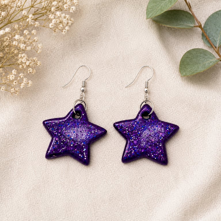 Purple Star Polymer Clay Earrings Sterling Silver Hooks