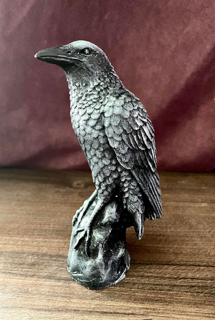 Handmade Cast Stone Raven. Painted Black & White.