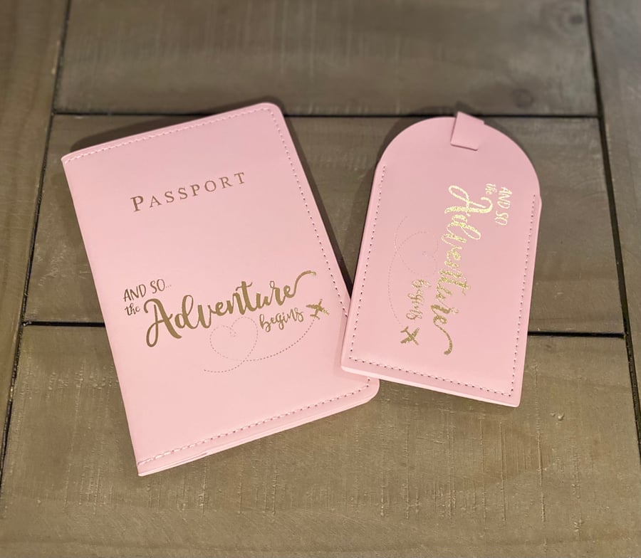 Passport Cover and Luggage Tag Set And So The Adventure Begins Vegan Leather Pas