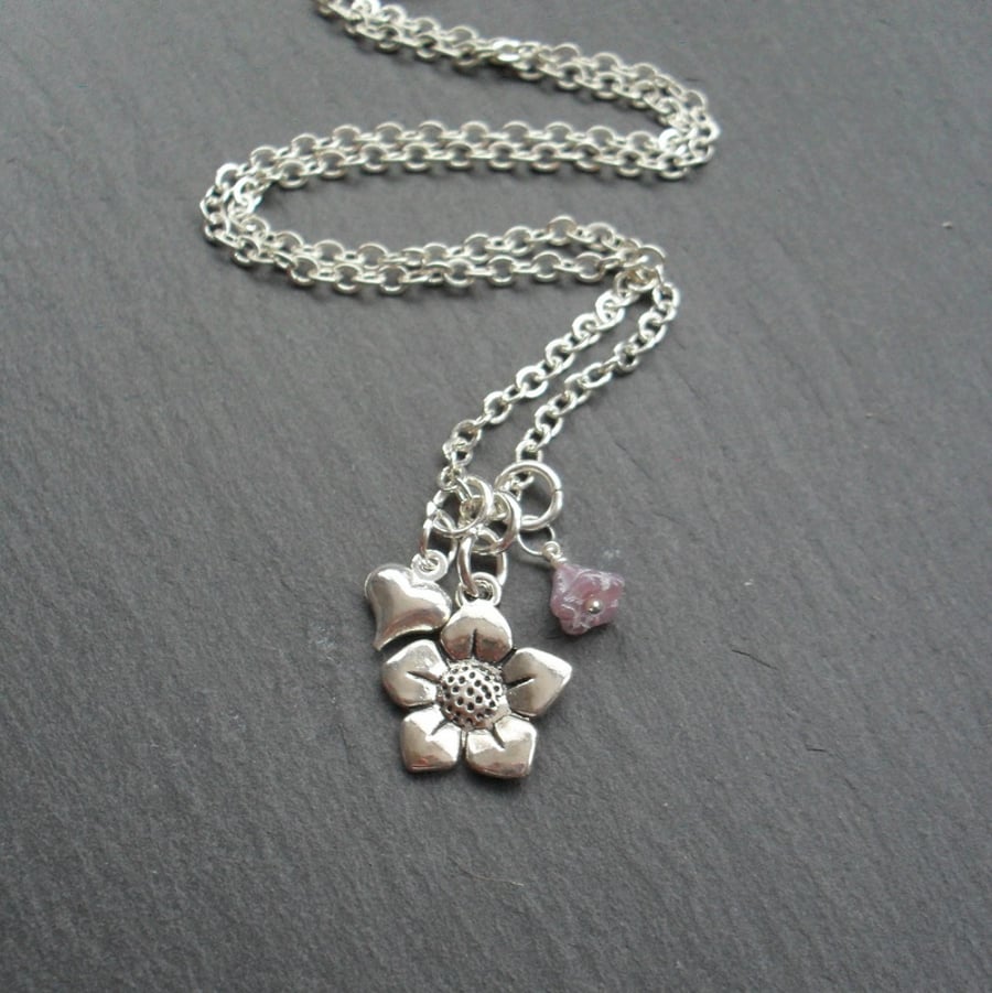 Silver plated necklace with heart and flower charms