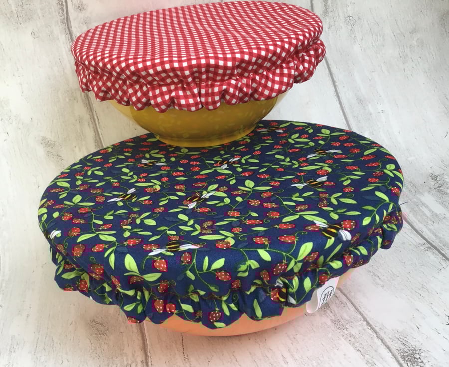 Reusable bowl covers - set of two. Navy and red bee design.