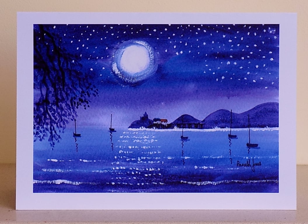 Mumbles in Moonlight, Art Greeting Card, Size A5, Blank inside.