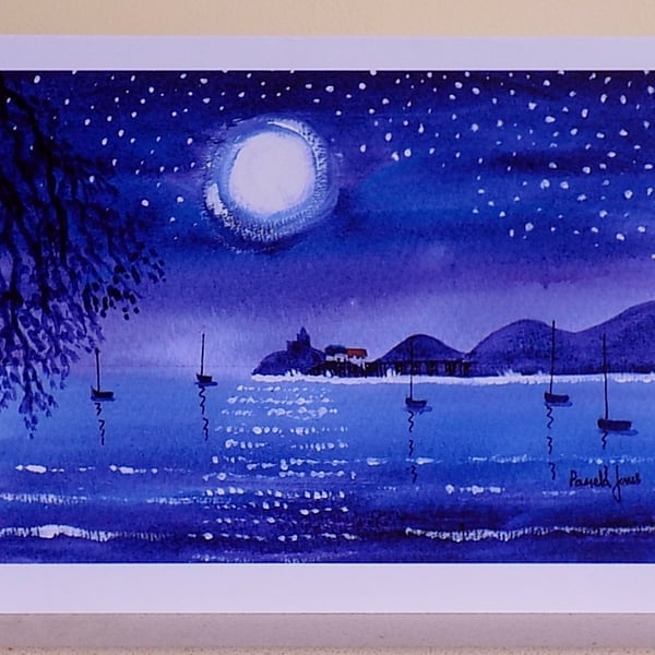 Mumbles in Moonlight, Art Greeting Card, Size A5, Blank inside.