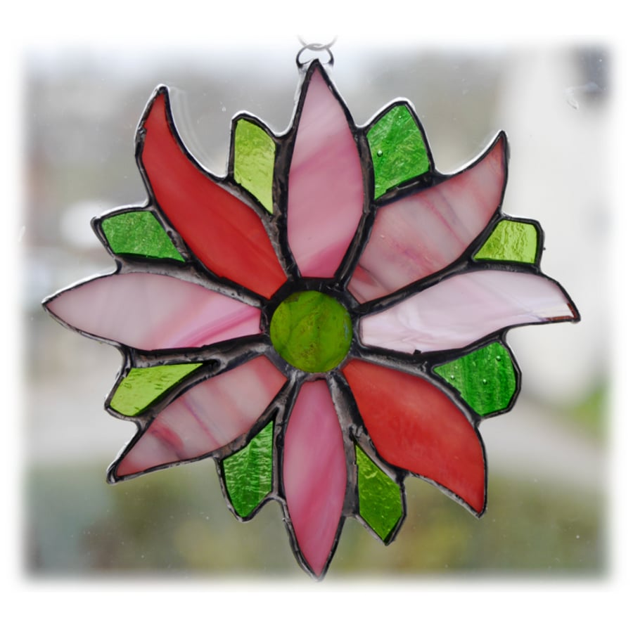 SOLD Pink Flower Stained Glass Suncatcher Green Pretty 
