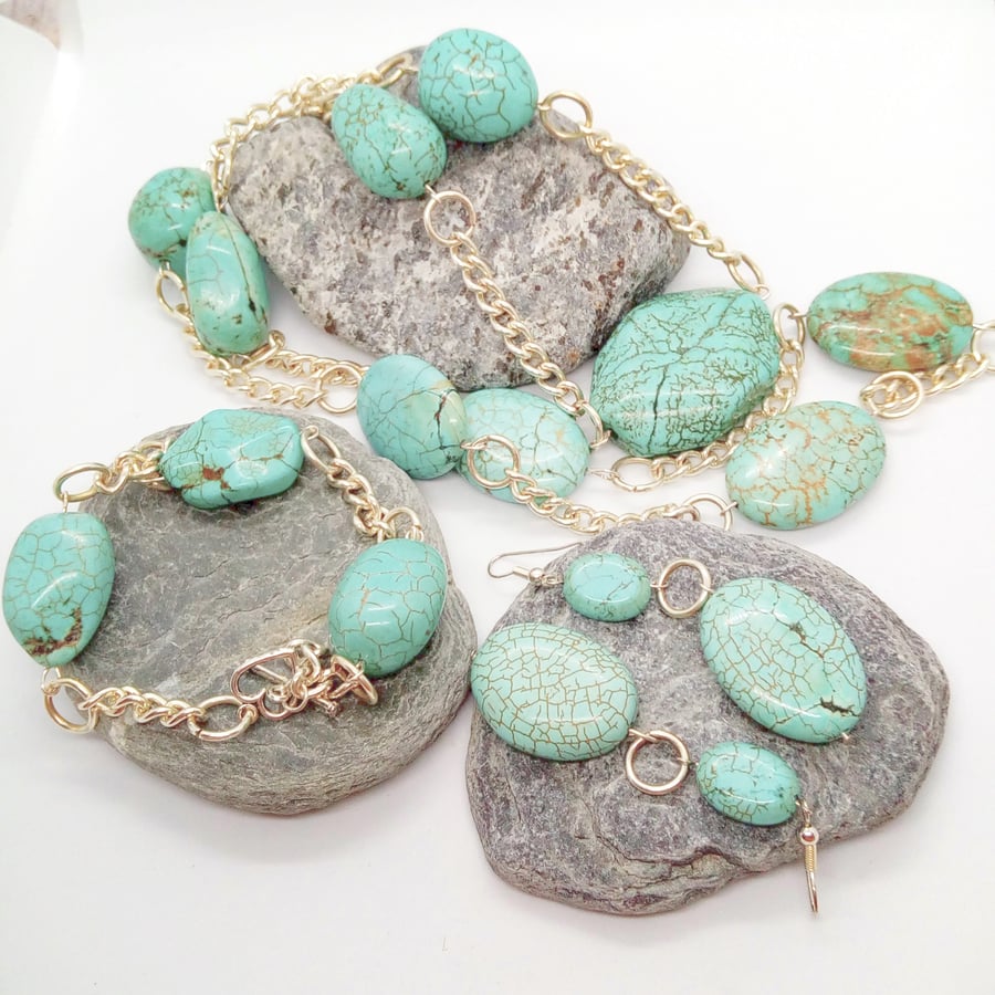 Large Turquoise Nuggets and Silver Chain 3 Piece Jewellery Set, Gift for Her