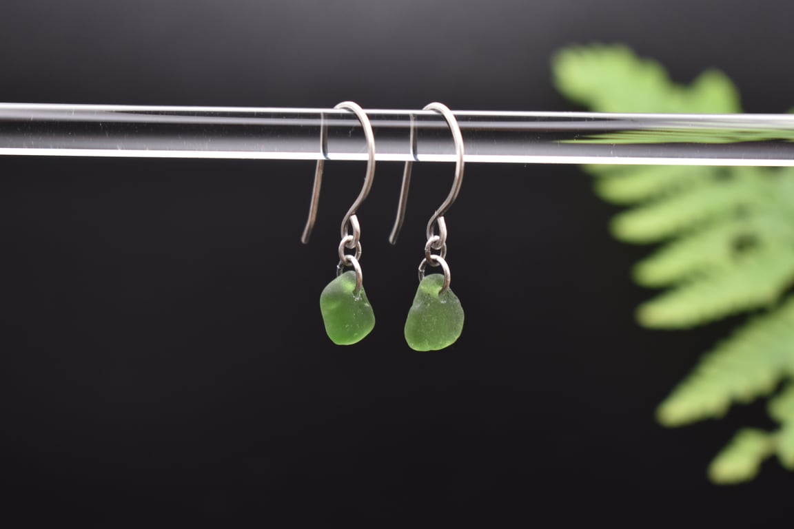 Scottish Sea Glass and Recycled Sterling Silver Everyday Earrings, Green