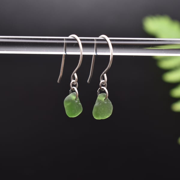 Scottish Sea Glass and Recycled Sterling Silver Everyday Earrings, Green
