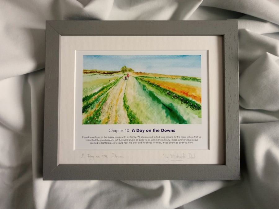 watercolour print of children on the southdowns sussex