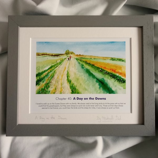 watercolour print of children on the southdowns sussex