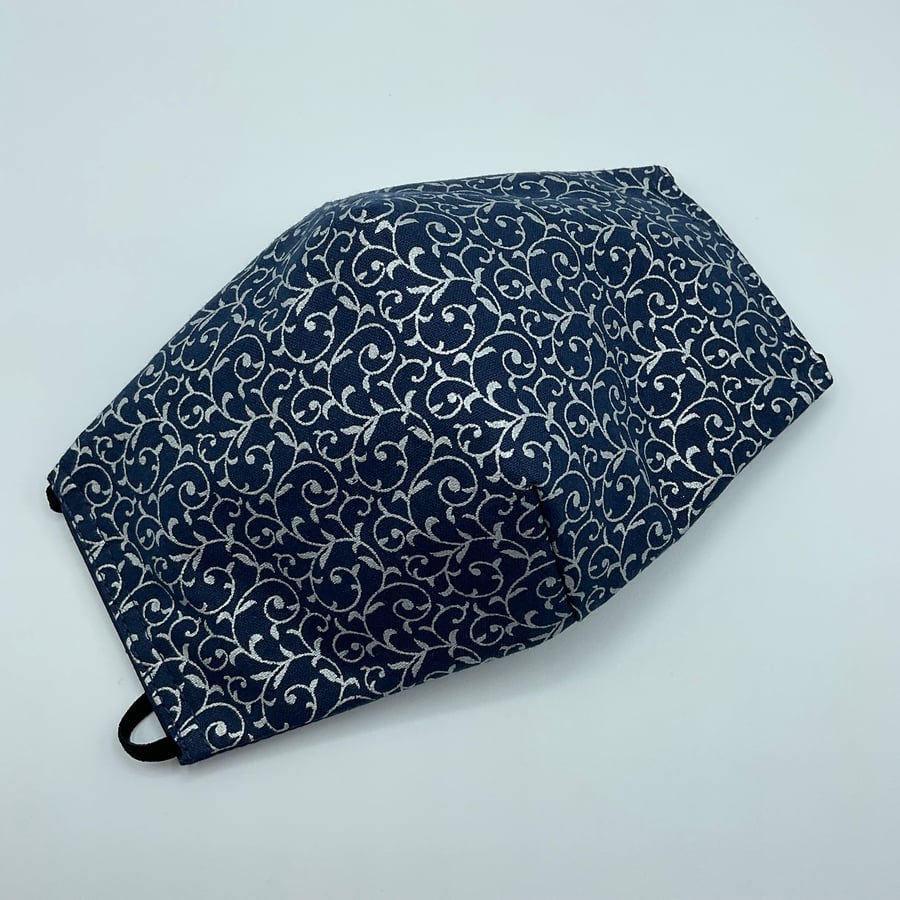 Silver Swirls and Navy Face Mask. Triple layered. 100 % Cotton Fabric.