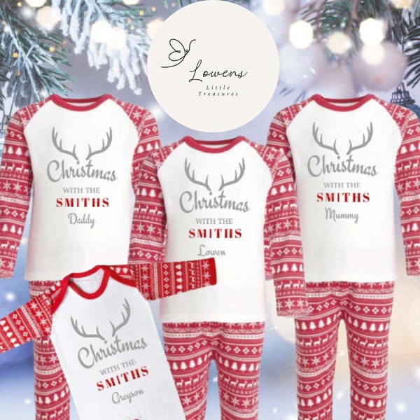 Luxury Personalised Family Matching Christmas Pyjamas in Red - Festive Family PJ