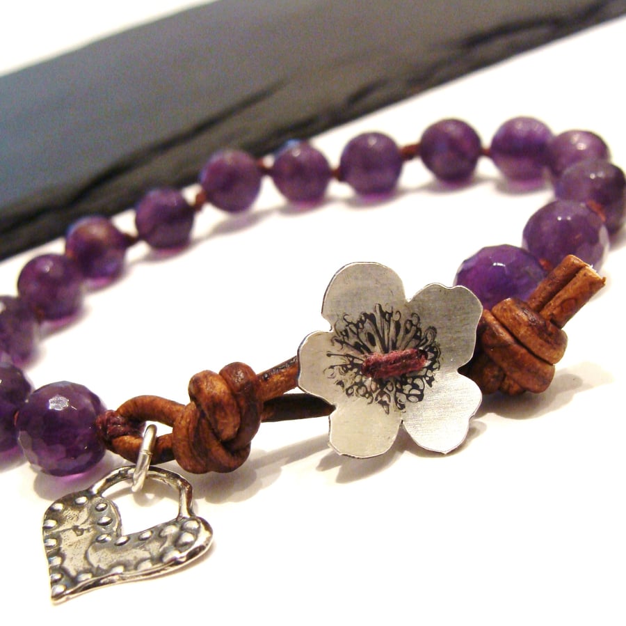 Sterling Silver Flower Button & Amethyst Gemstone Friendship Wrap Bracelet