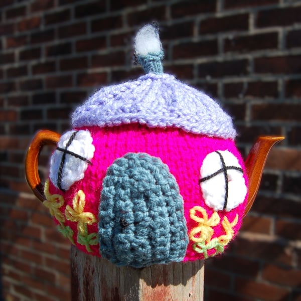 Country cottage tea cosy - hand embroidered, to fit a tea for one or two  teapot