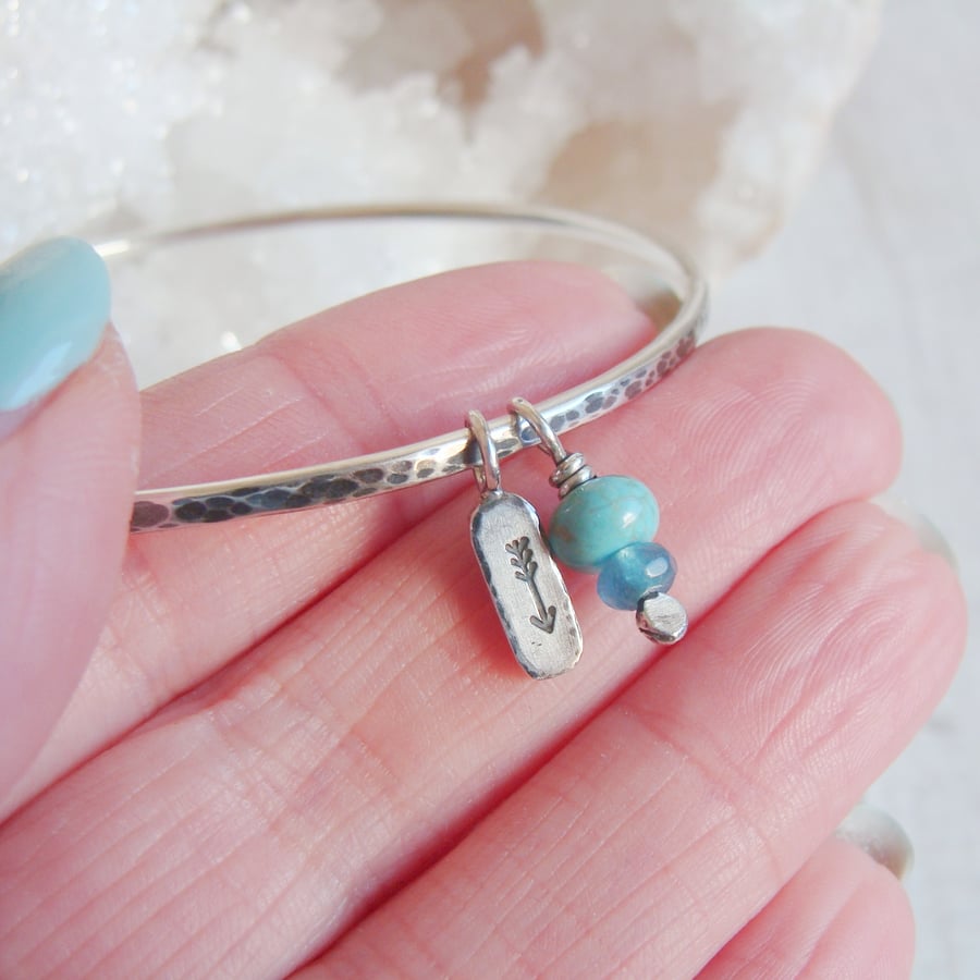 Eco Silver Arrow Charm Bangle with Turquoise and Kyanite Beads
