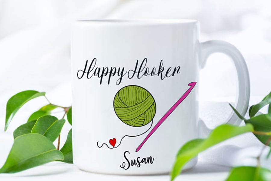 Personalised Coffee Mug 'Happy Hooker' -  Crochet Themed Funny Gift