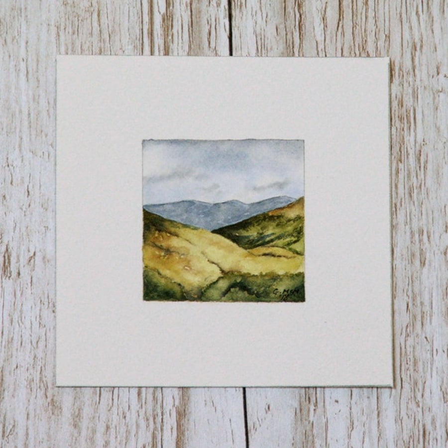 Original Watercolour Miniature - painting of Scotland, hills & mountains, nature