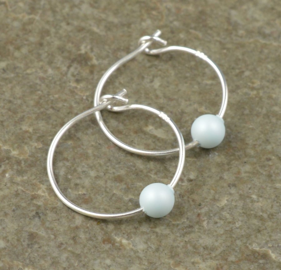 Boho Pastel Blue Swarovski Crystal Pearl 15mm Sterling Silver Hoop Earrings