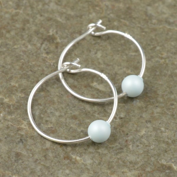 Boho Pastel Blue Swarovski Crystal Pearl 15mm Sterling Silver Hoop Earrings