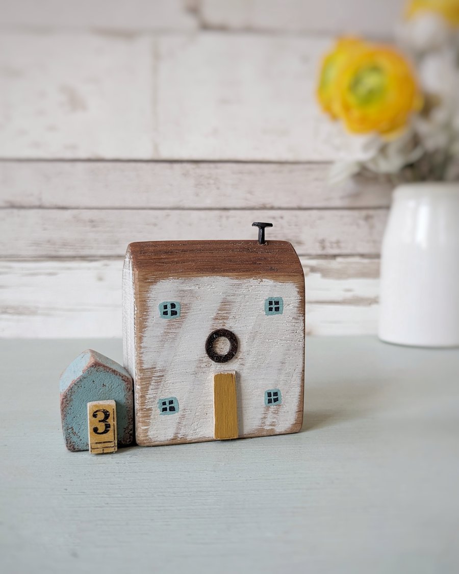 Little Handmade Painted Wooden Seaside House with Teeny Side Shed