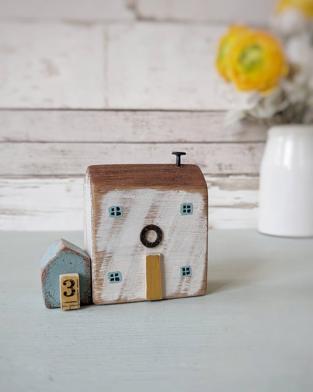 Little Handmade Painted Wooden Seaside House with Teeny Side Shed