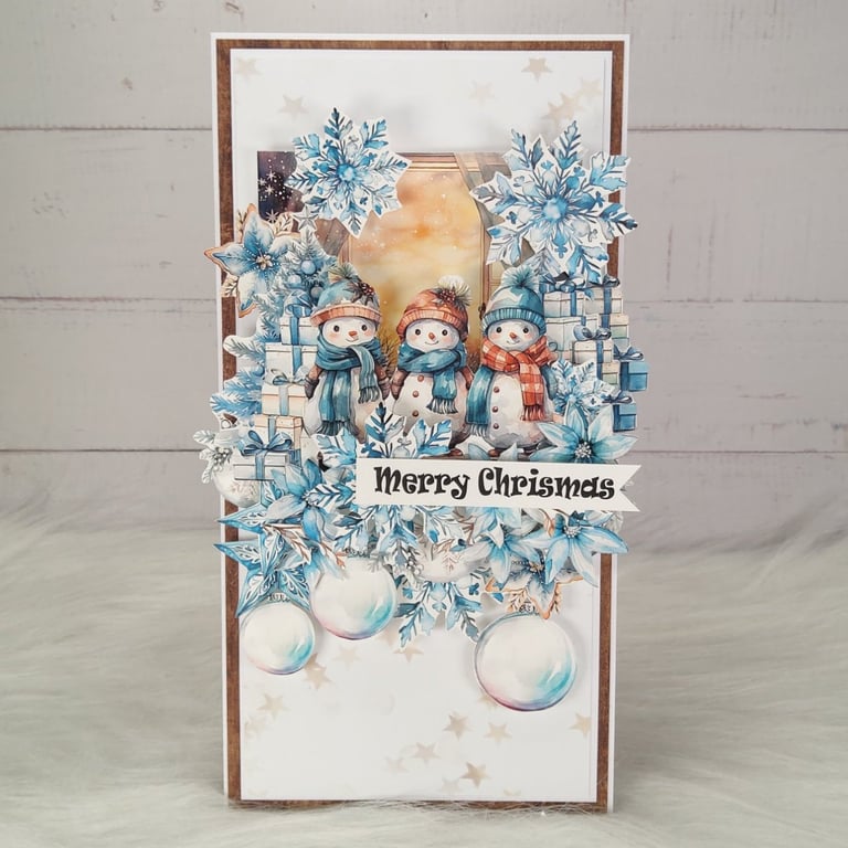 Handmade Snowman Christmas Card(25). Blue Winter Scene.