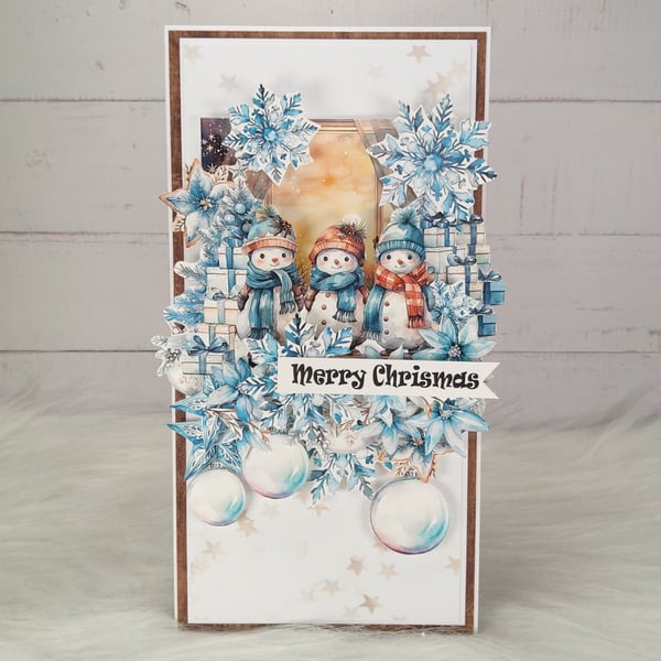 Handmade Snowman Christmas Card(25). Blue Winter Scene.