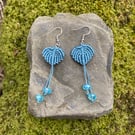 Blue leaf drop macrame earrings