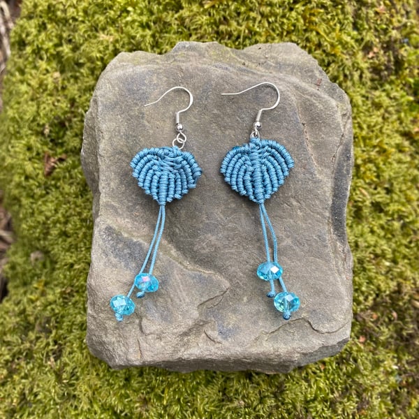 Blue leaf drop macrame earrings