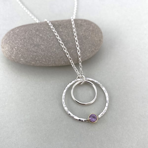 Pink Madagascan Sapphire, Sterling Silver and 18ct Gold Circle Necklace