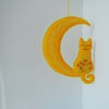 Hand embroidered cat and moon decorative hanging ornament 