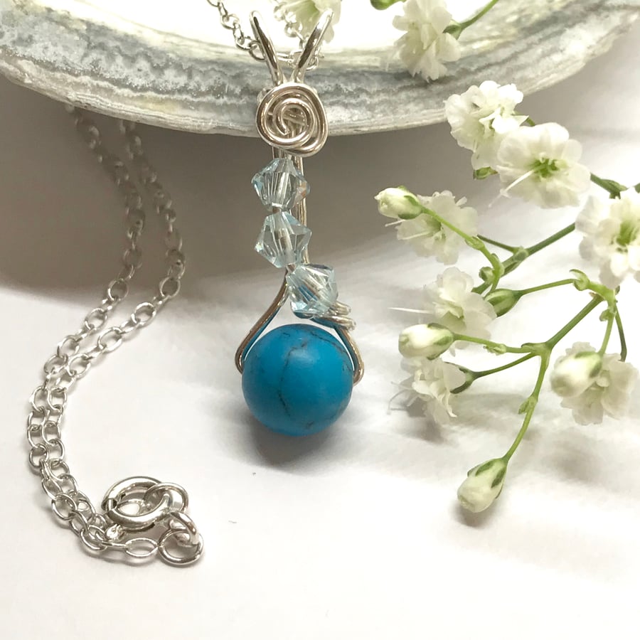 Sterling Silver Turquoise Pendant with Crystals