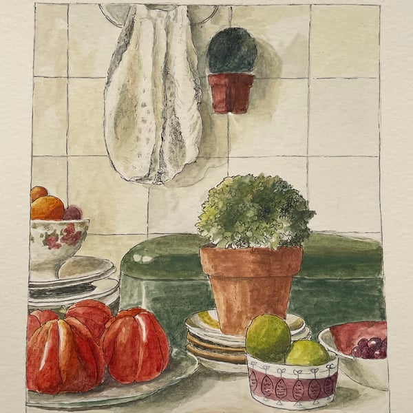 A Portuguese table original gouache painting 