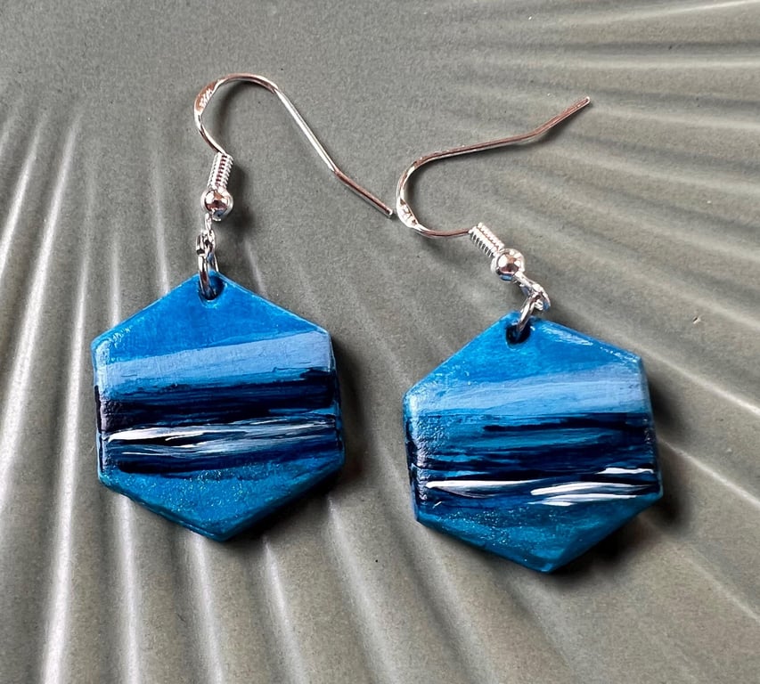 Seascape Earrings, Sea Earrings, Handmade Earrings, Clay Earrings, Hand Painted 