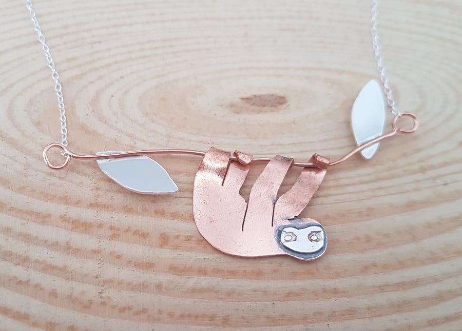Sterling silver and Copper Sloth Necklace Pendant