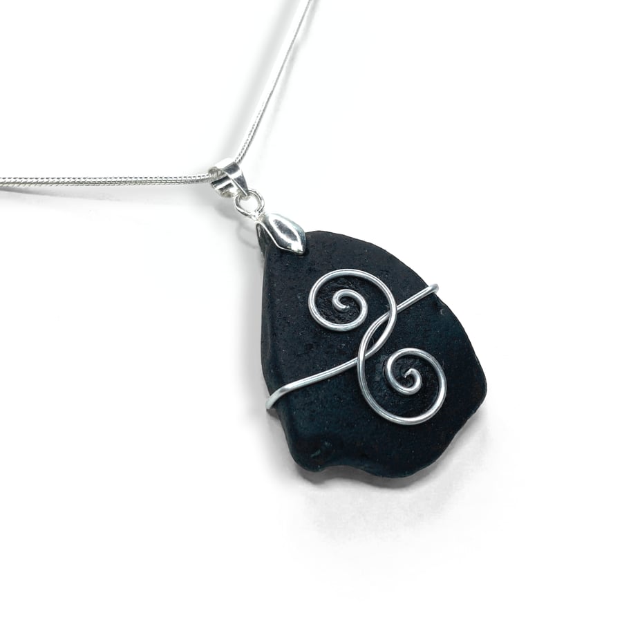 Sea Glass Pendant - Black Celtic Necklace. Silver Beach Glass Handmade Jewellery