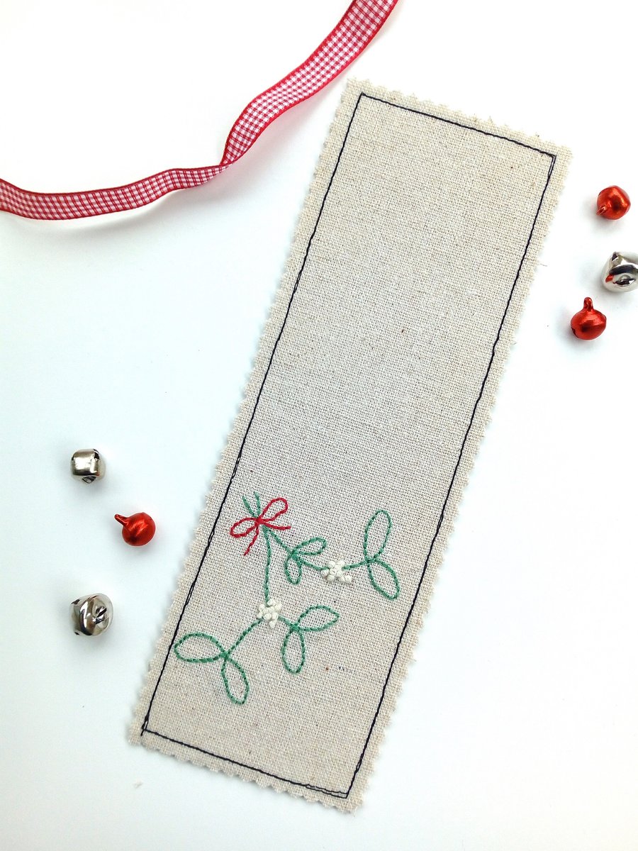 Christmas Mistletoe Bookmark -  Hand Embroidered, Fabric Bookmark