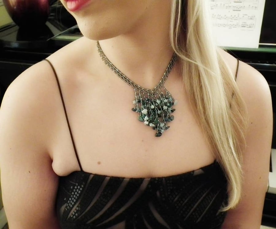 Gemstone Beadwork Choker Necklace Vintage Clasp -SALE