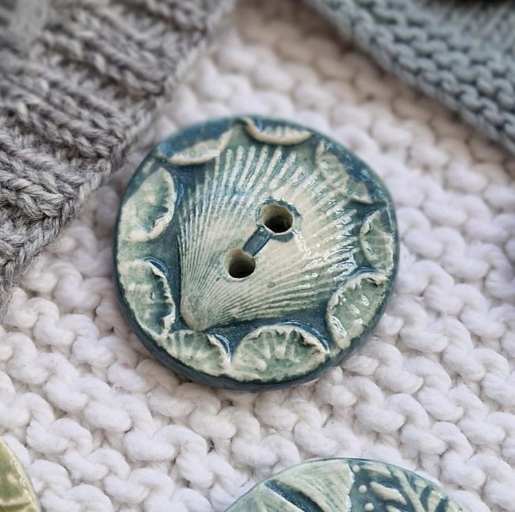 Large blue green seashell 3d embossed button - Folksy