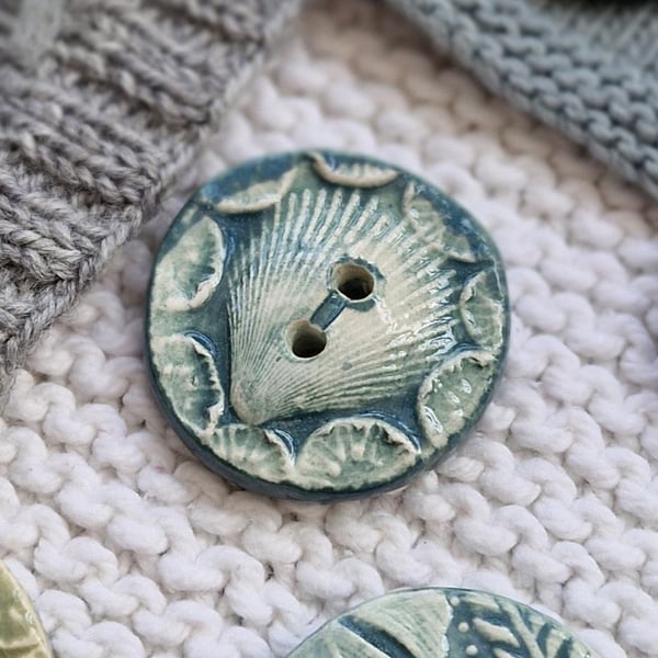 Large blue green seashell 3d embossed button