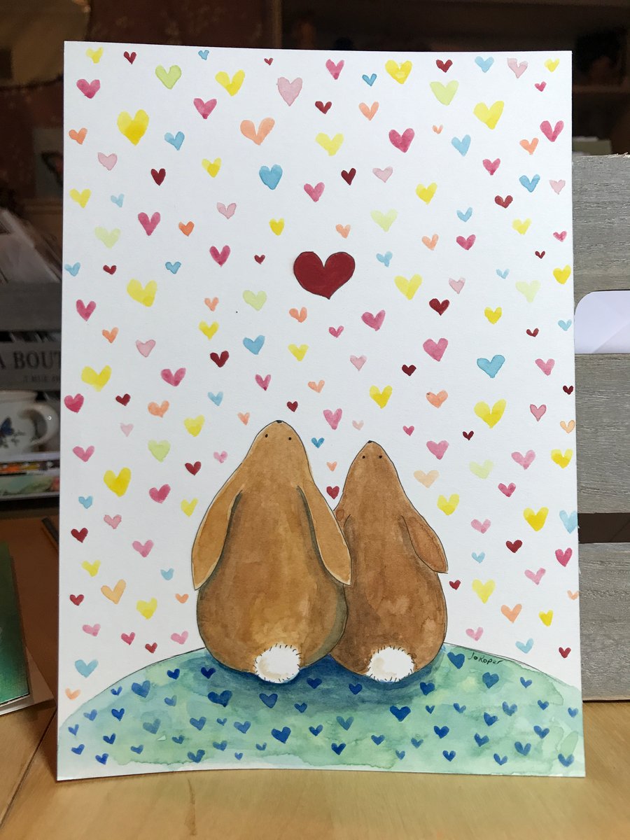 Original Painting Sky of hearts bunnies Jo Roper