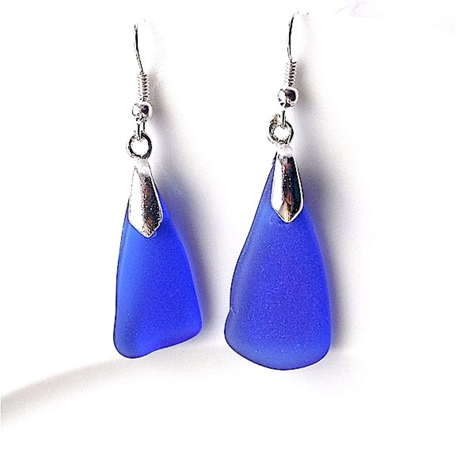 Rare cobalt sea tumbled glass dangle earrings, for pierced ears.