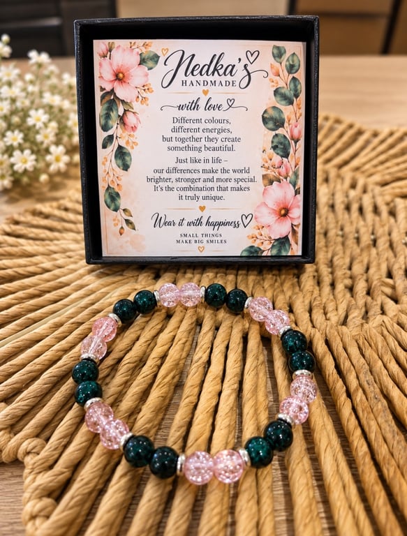 Dark Green and Blush Pink Crackle Bead Bracelet – Handmade Stretch Jewellery