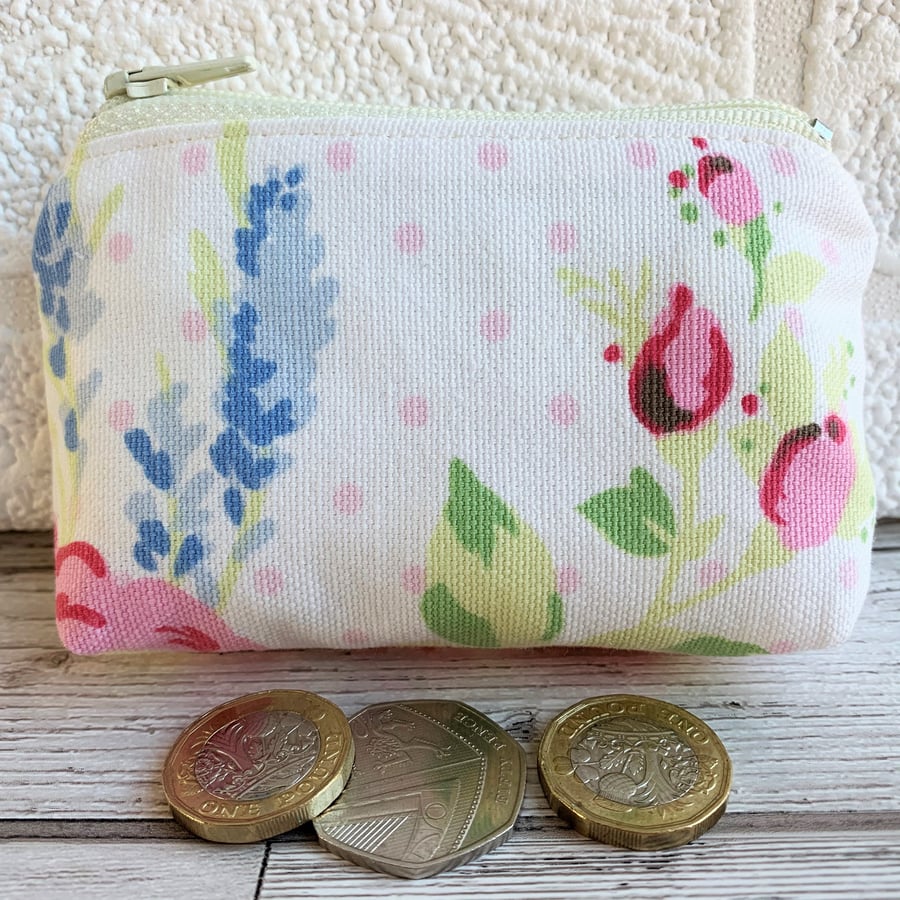 Small purse, coin purse in shabby chic floral fabric with lavender and rosebuds