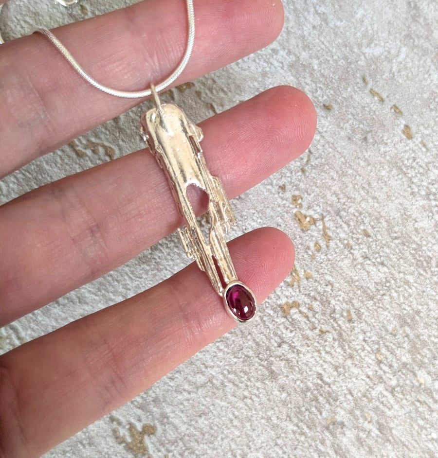 Textured Sterling Silver Garnet Pendant on a Silver Necklace
