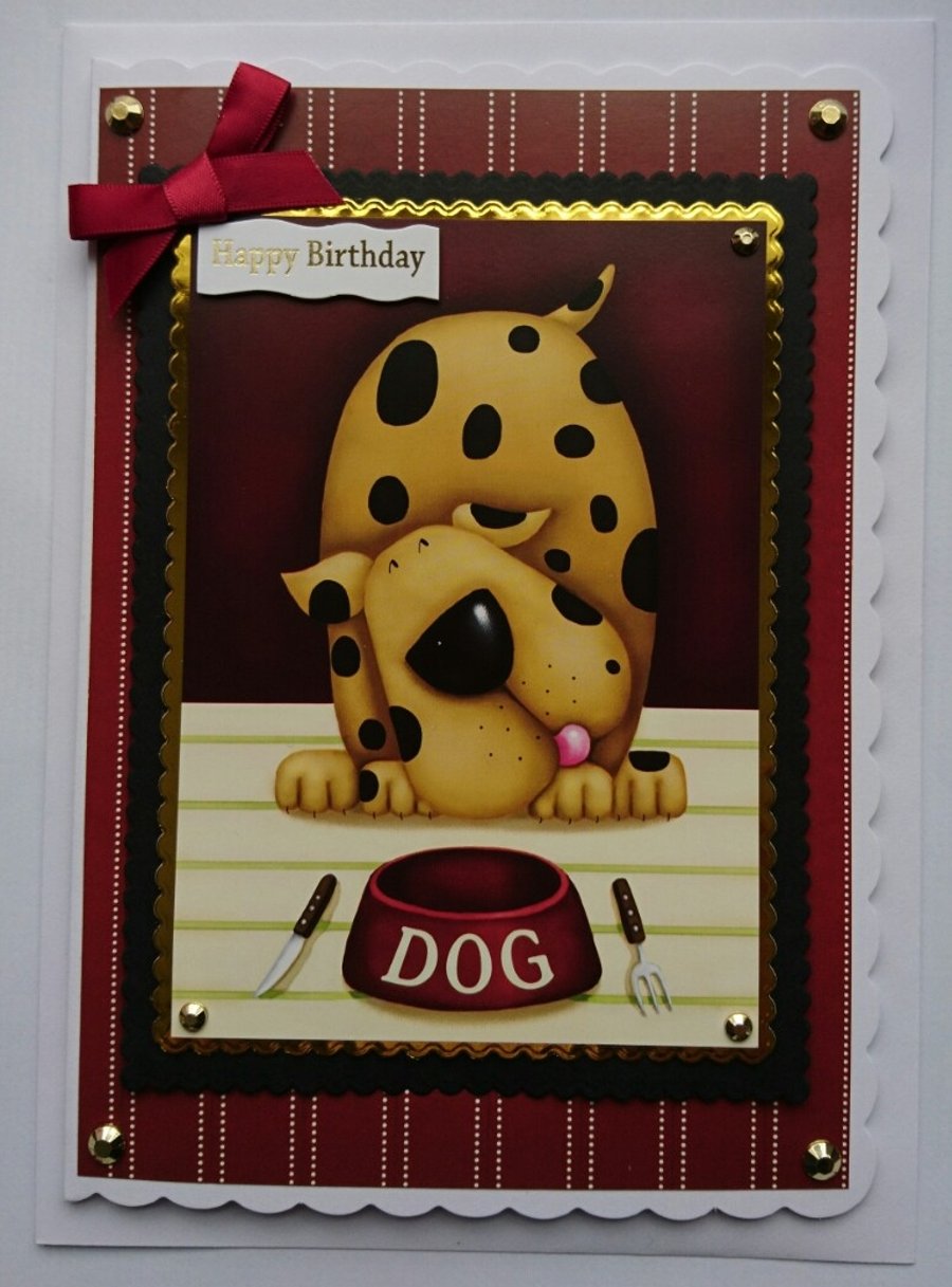 3D Luxury Handmade Card Birthday Big Spotty Dog Empty Food Bowl Knife Fork
