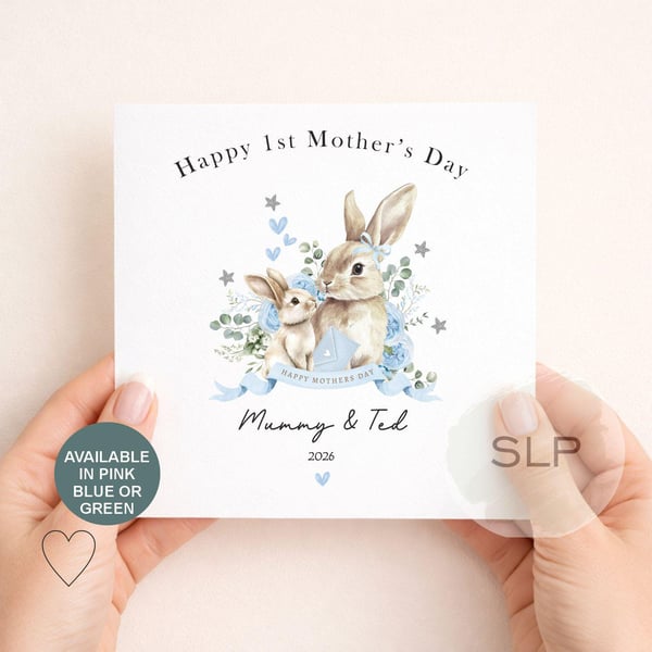 Personalised 1st Mother's Day Card Bunny Mummy & Baby Custom First Mother's Day 
