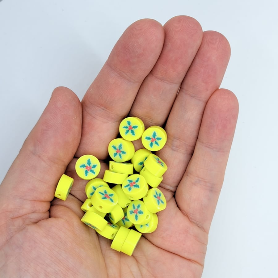 24 Polymer Holly beads, snowman polymer clay beads, yellow clay beads, B29